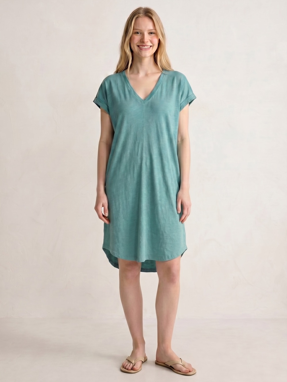 Dip Organic Cotton Aqua V-Neck T-Shirt Dress Cover Up Casual Beach Midi